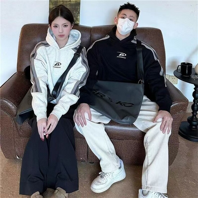 插肩袖情侣装连帽卫衣男女2025秋冬新款加绒加厚宽松休闲拼接上衣,男装卫衣,星座1210-1