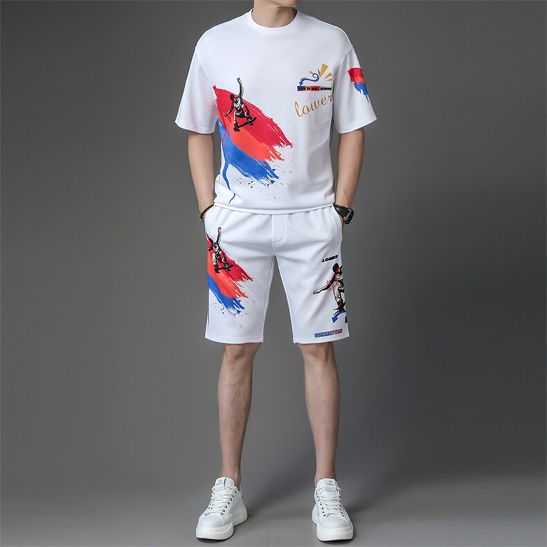 夏季男式短袖短裤透气两件套运动休闲圆领修身t恤套装,男装休闲套装,电商B360