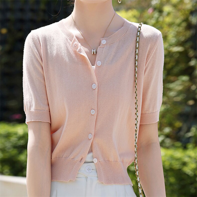 夏季新款简约圆领纯棉高腰短款平面开衫宽松百搭显瘦时尚休闲上衣，女装针织衫/毛衣，鑫源羊绒