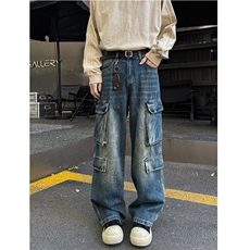 多口袋工装阔腿牛仔裤男美式复古宽松休闲百搭水洗直筒裤子，男装牛仔裤，星座516A