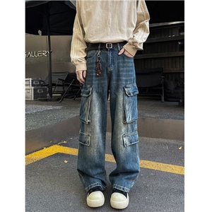 多口袋工装阔腿牛仔裤男美式复古宽松休闲百搭水洗直筒裤子图片