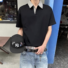 得物抖音高品质二开夏季美式潮牌假两件格子衬衫翻领高街短袖T恤，男装T恤，电商A486
