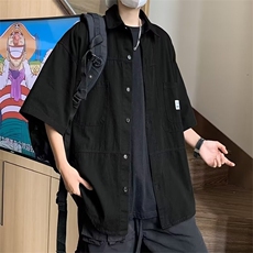日系复古工装纯棉短袖衬衫男夏季薄款宽松男生半袖衬衣外套，男装衬衫，星座410-7