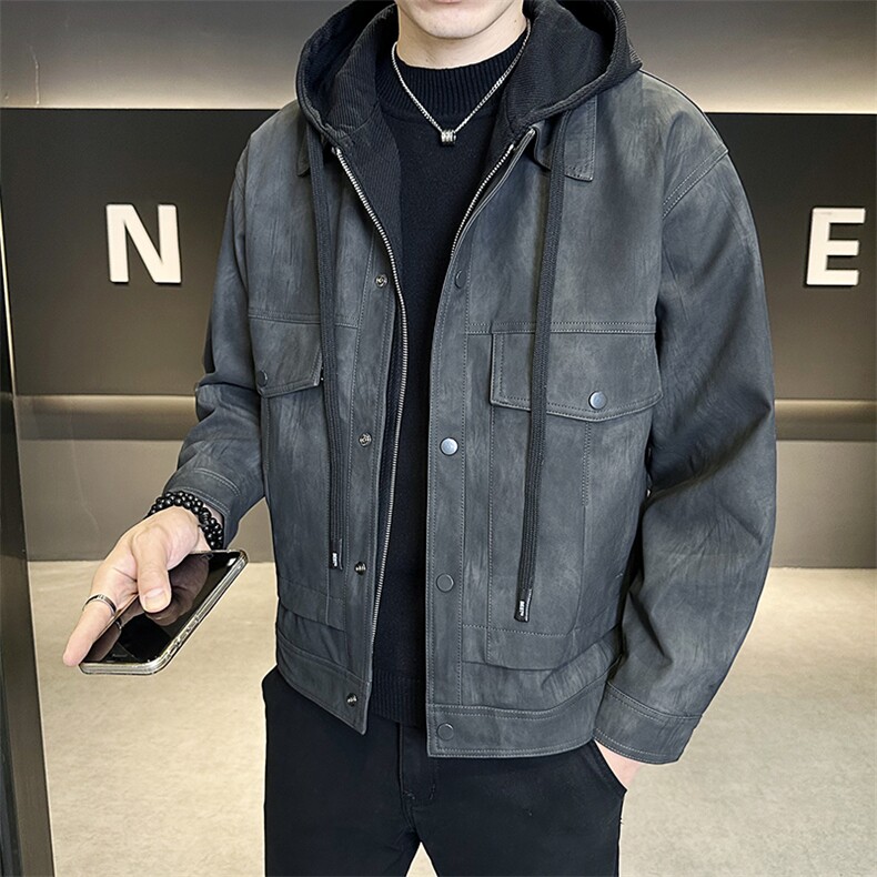 连帽假两件可拆卸男装皮衣高级感皮夹克外套男C317-6661-P160,男装夹克,电商C317