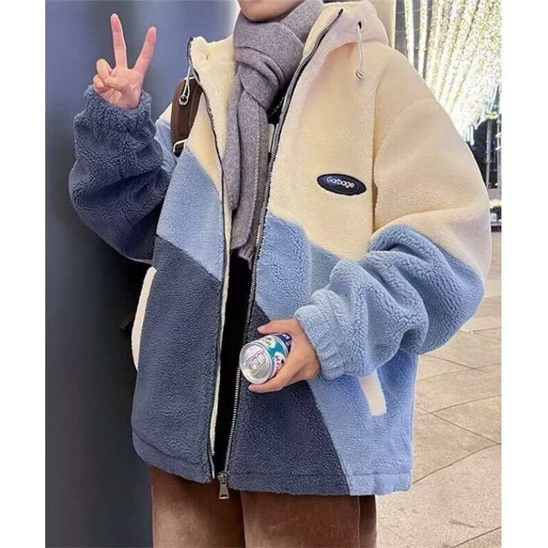 秋冬季羊羔绒外套拼色男连帽夹克青少年帅气秋装保暖棉服 MY204图片