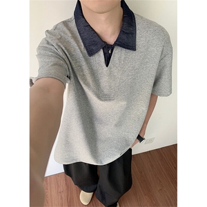 美式高级感短袖t恤男生夏季V领假两件上衣复古大码落肩袖宽松上衣图片