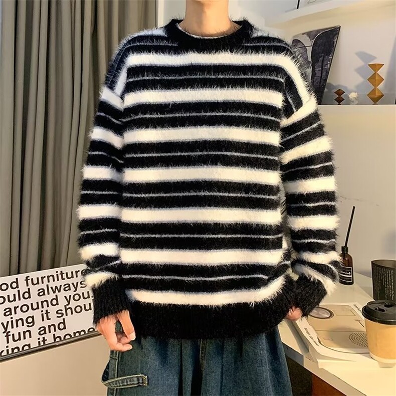 复古条纹蓝色毛衣男秋冬款韩版慵懒潮牌宽松针织衫上衣MZ848-P57,男装针织衫/毛衣,星座412-3