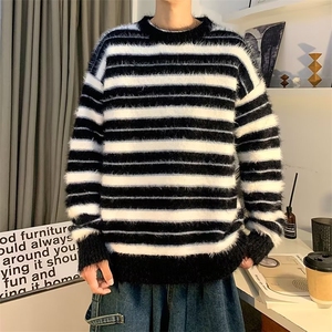 复古条纹蓝色毛衣男秋冬款韩版慵懒潮牌宽松针织衫上衣MZ848-P57图片