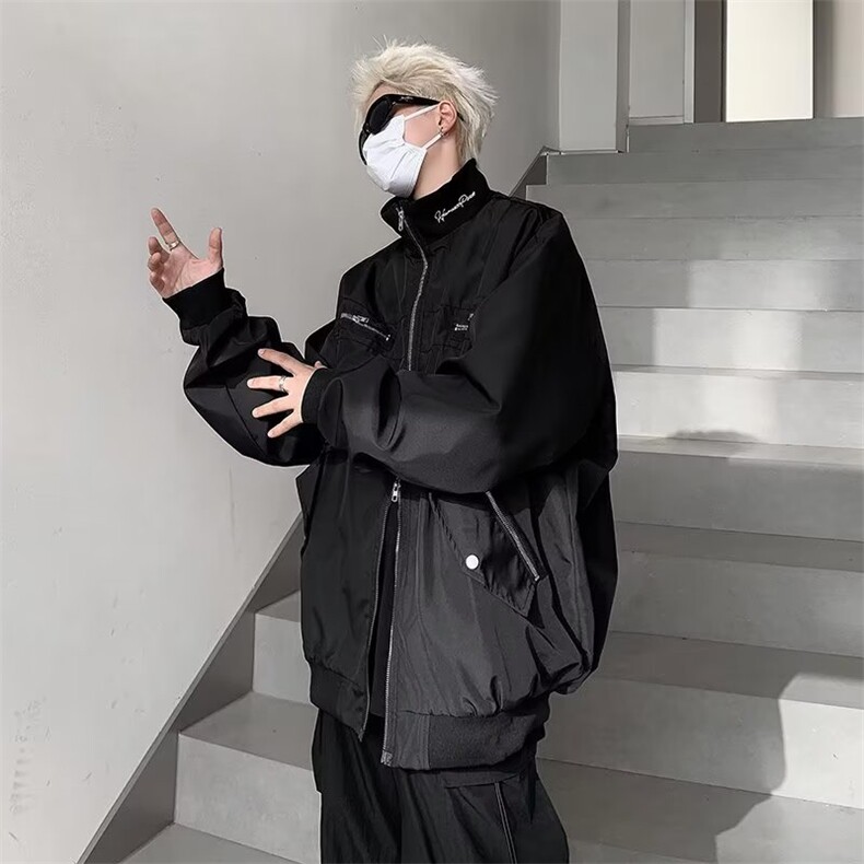 黑色立领飞行夹克外套男设计感小众春秋宽肩拉链解构褂子JK650,男装夹克,星座1116A-1（原606A）