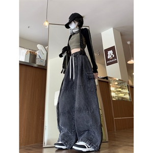 工装牛仔裤男女水洗做旧男生休闲裤子垂感复古宽松直筒阔腿长裤图片