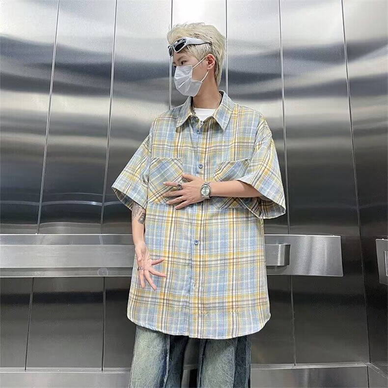 复古短袖衬衫男夏季新款港风宽松潮流休闲格子半袖衬衣服图片