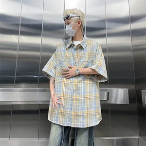 复古短袖衬衫男夏季新款港风宽松潮流休闲格子半袖衬衣服图片