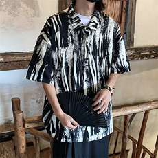 新中式国风短袖衬衫男款夏季薄款冰丝痞帅国潮水墨画五分衬衣外套，男装T恤，电商A001