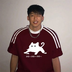 夏季美式高街重磅纯棉三条杠织带撞色男女短袖T恤ZD579-特P30图片