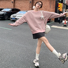 条纹长袖套头针织打底衫卫衣外套女2025春装内搭修身粉色甜美上衣，女装卫衣/绒衫，天使之佳话