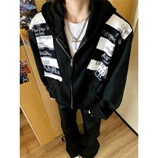 美式复古条纹长袖T恤男女春秋季字母印花球服宽松潮牌运动风卫衣，男装T恤，星座506A