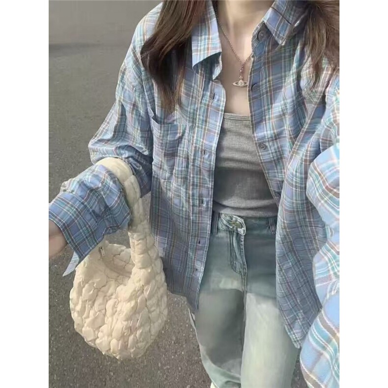 美式复古蓝色格子衬衫女2025春秋新款宽松休闲长袖百搭防晒外套潮，男装防晒衣，星座1210-1