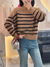 秋冬季新款时尚精致复古百搭条纹显瘦圆领卷边羊绒衫女，女装羊绒衫，大千羊绒