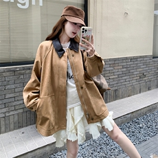 减龄拼皮翻领麂皮绒短外套女春秋2025新款小个子夹克上衣流行爆款，女装风衣，1D103