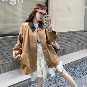 减龄拼皮翻领麂皮绒短外套女春秋2025新款小个子夹克上衣流行爆款图片