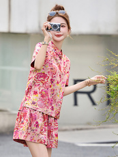 新中式国风印花套装女2025夏新款气质减龄复古盘扣上衣短裤两件套，女装套装/套裙，众宇琦