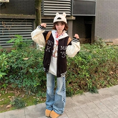 美式珍珠红色拼接棒球服男女春秋季新款高街百搭毛呢夹克外套，男装夹克，星座601-1