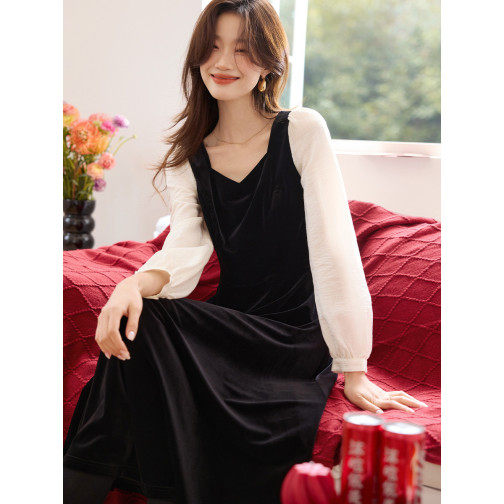 2025春新优雅小黑裙丝绒拼接伞摆连衣裙新年系列年会礼服，女装连衣裙，梦白服饰厂