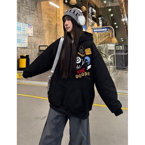 原创美式刺绣植绒徽章加绒连帽卫衣男女宽松加厚高街上衣 W1040图片