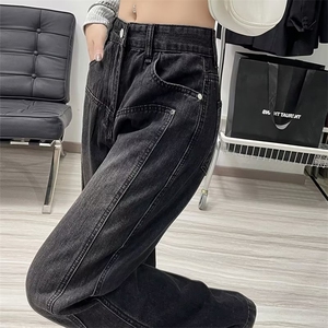 黑灰色阔腿牛仔裤女直筒显瘦高腰春秋冬加绒加厚百搭牛仔裤NR141图片