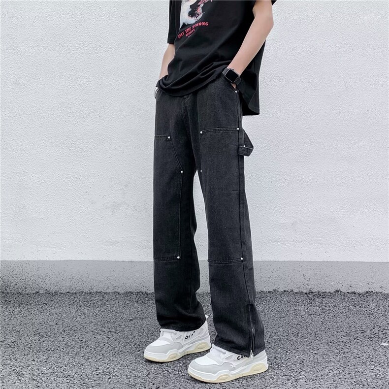 牛仔裤男韩版潮流裤脚拉链开衩高街帅气2023夏季ins长裤RK427-P50图片