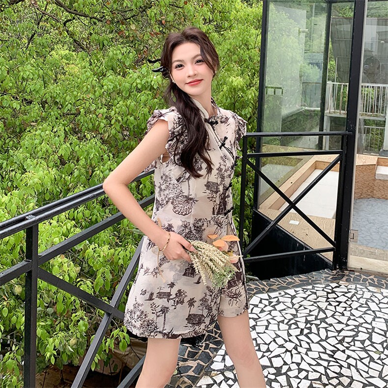欧洲站新中式风套装女2025年夏季新款盘扣开叉上衣阔腿裤两件套图片