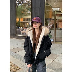 现货重磅boxy短款棉衣座山雕大毛毛领男女棉服水洗工装厚外套，男装棉衣，电商A486-1