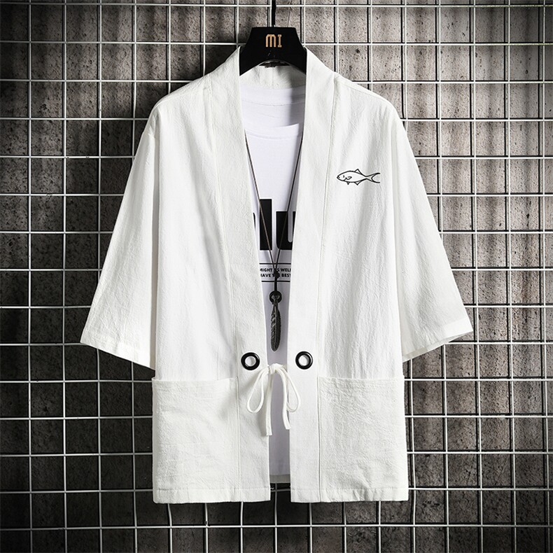HF59129-P40风汉服男开衫外套七分袖道袍网格挂拍,男装民族服装,电商A040A