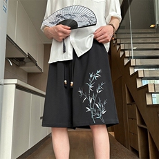 wassuphappy新中式短裤男士夏季薄款国潮竹子刺绣休闲运动五分裤，男装休闲裤，电商A022