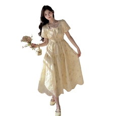 黄色重工刺绣法式连衣裙女2025年新款夏日独特漂亮掐腰绝美小裙子，女装连衣裙，浙宝208A