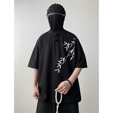 夏季新中式盘扣短袖T恤男小众刺绣竹子设计感复古痞帅风半袖t恤，男装T恤，四季星座505