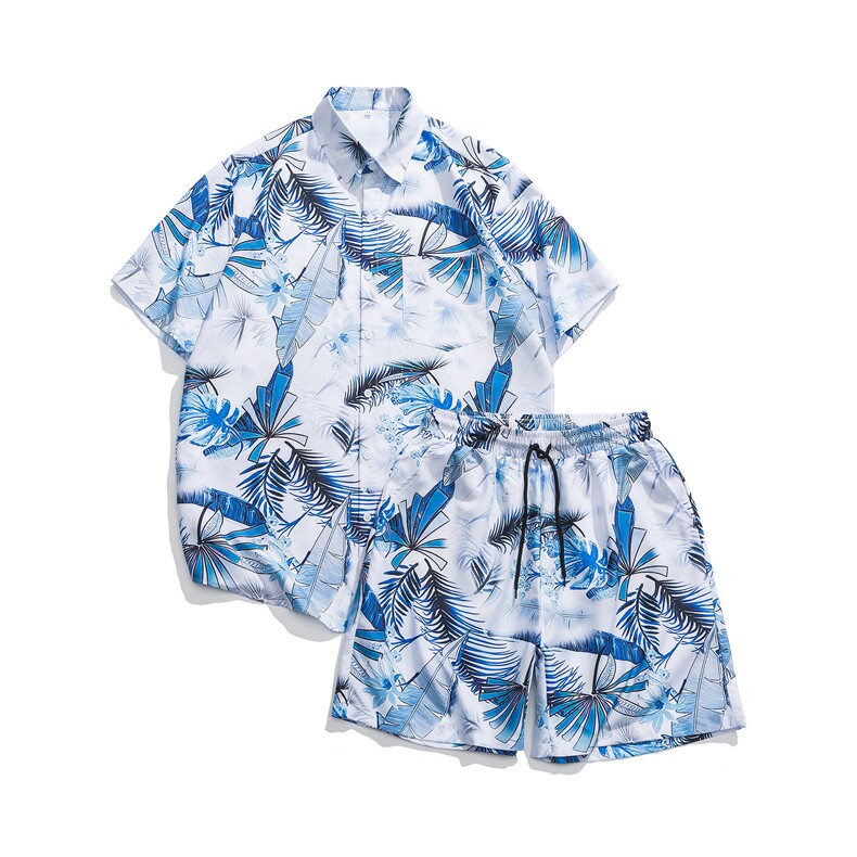 夏季青年花色印花衬衫套装男士多色宽松短裤套装TZ008-P45，男装休闲套装，电商A128