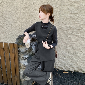 韩系高级感穿搭套装女2025春秋甜美显瘦不规则马甲直筒阔裤三件套图片