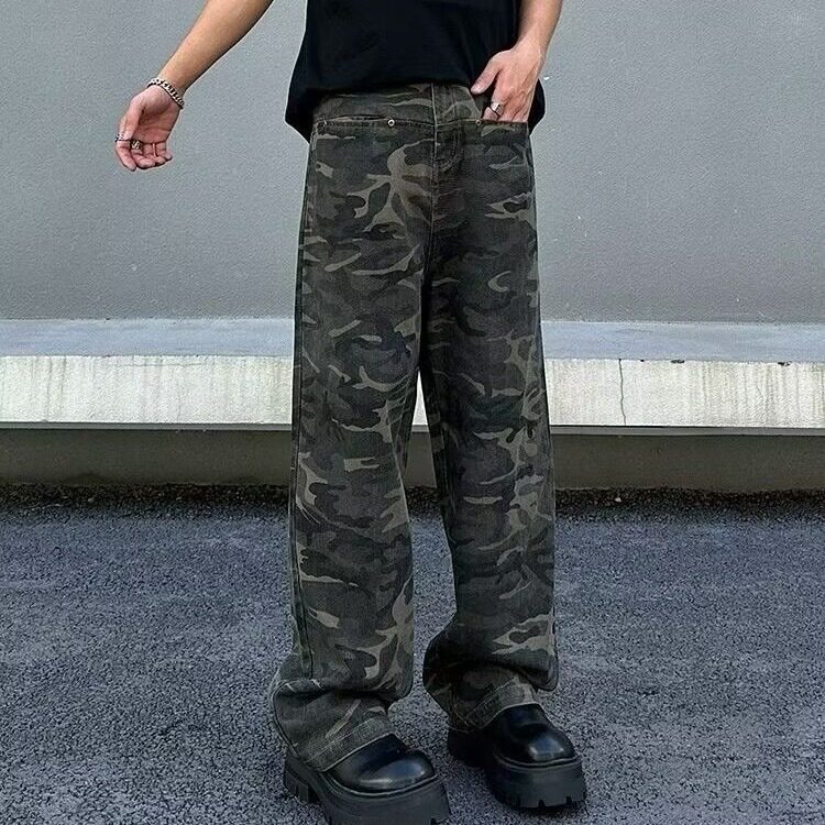 美式复古高腰迷彩牛仔裤秋冬高街设计感直筒宽松阔腿裤NG117-P45图片