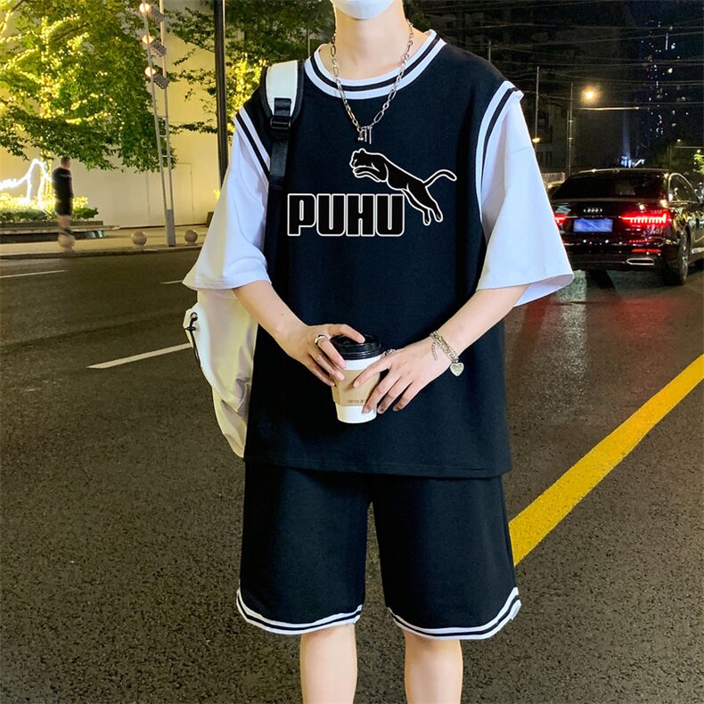 夏季短袖T恤套装青少年纯棉吸汗休闲两件套宽松男装TZ393P60控89，男装休闲套装，电商A086