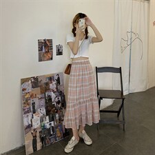 213#官图2021夏季新款韩版格子半身裙松紧腰复古中长款a字裙，女装半身裙，潮品会