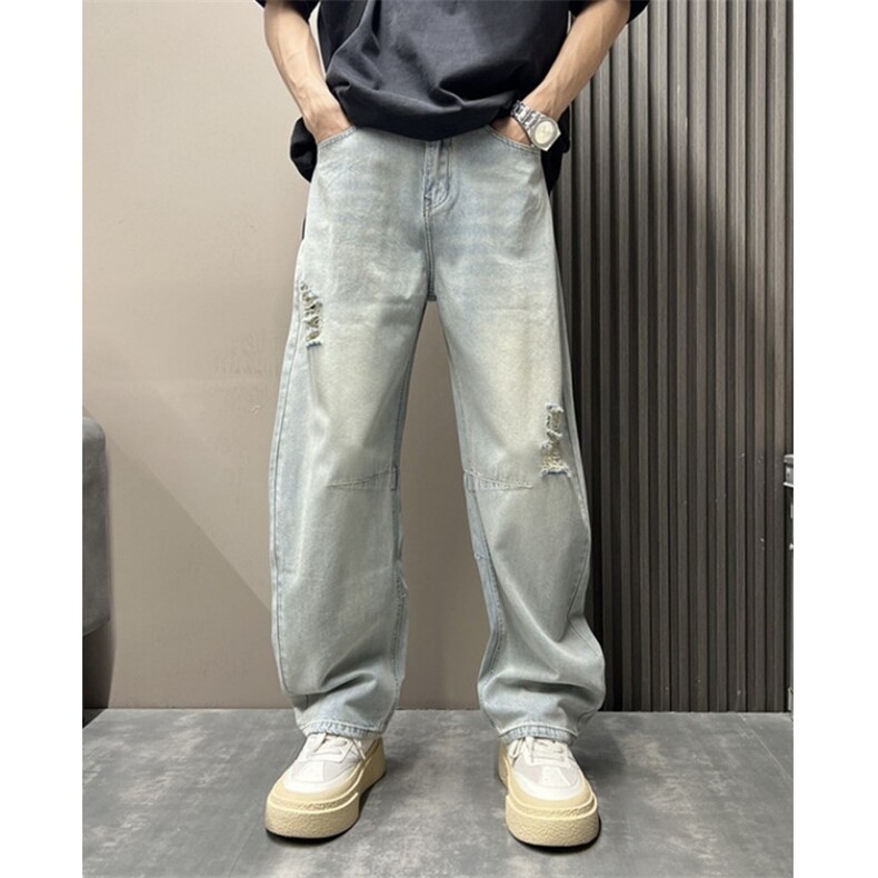 美式复古水洗破洞牛仔裤男宽松直筒阔腿休闲长裤潮流 N650图片