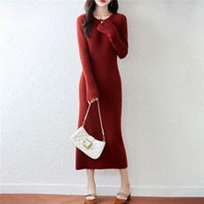 2025百搭时尚长款圆领喇叭袖羊毛衫，女装连衣裙，越洋羊