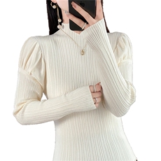 时尚百搭花苞袖高领针织衫修身显瘦仿羊毛毛衣女款，女装针织衫/毛衣，暖姿羊绒