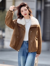 羊羔毛翻领夹棉加厚鹿皮绒外套女2025冬季新款休闲宽松超好看棉衣，女装短外套，印象茜