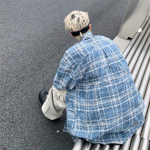 新款美式水洗复古设计感格子衬衫长袖男宽松休闲百搭衬衣图片
