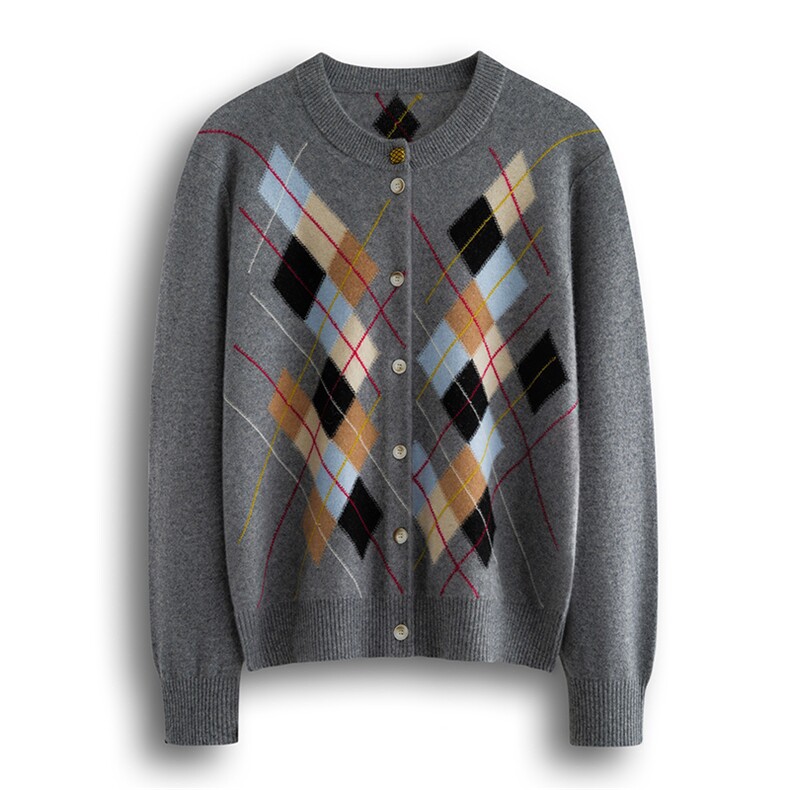 2025秋冬百搭时尚简约嵌花菱形百搭开衫羊绒，女装羊绒衫，绒默