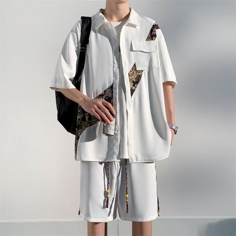 1小熊短袖衬衫男+短裤大码M-5XL套装92%聚酯纤维8%氨纶TZ77057P70,男装休闲套装,星座226-2