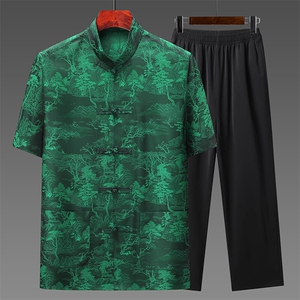 夏季男士唐装男夏季短袖套装风爸爸装薄款爷爷中老年太极服图片