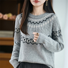 秋冬新款圆领加厚100%纯羊毛衫女长袖百搭提花撞色费尔岛打底毛衣，女装羊毛衫，迅太羊绒